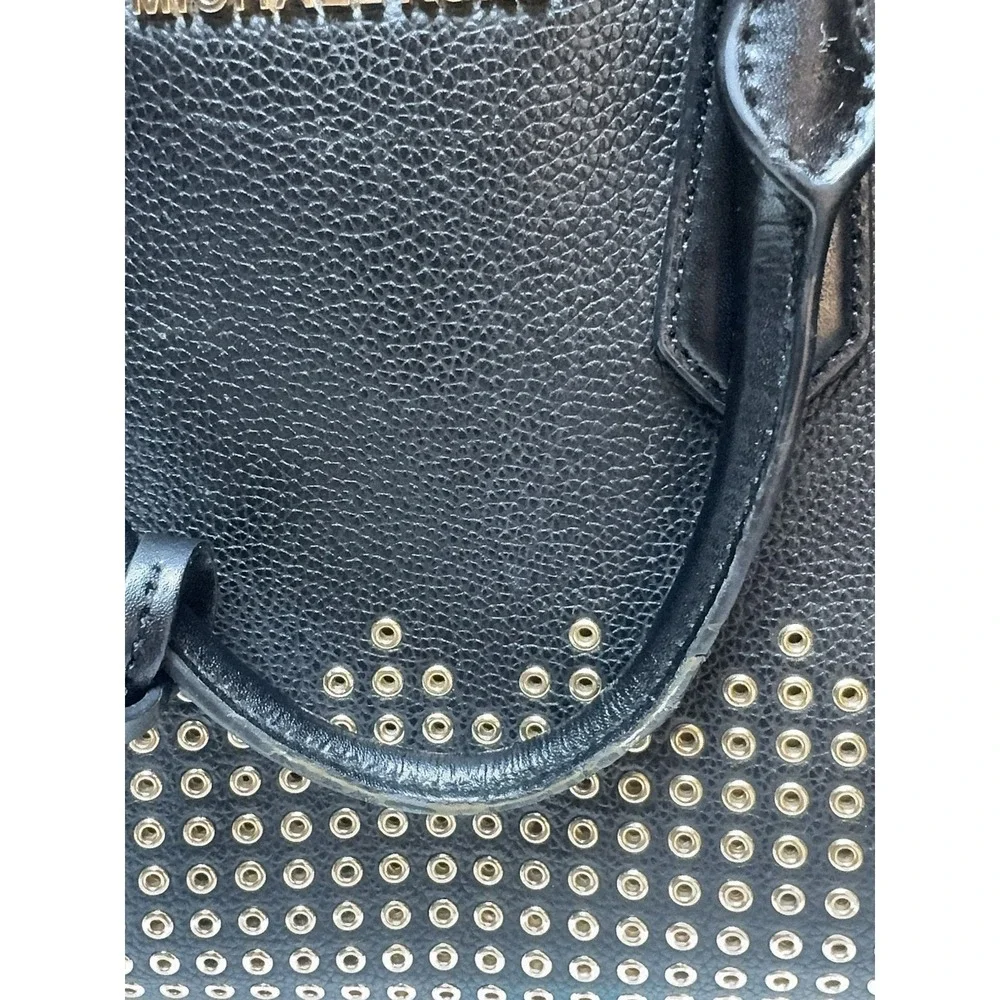 Michael Kors Black Pebbled‎ Leather Studded Satchel Gold Hardware Moto Medium